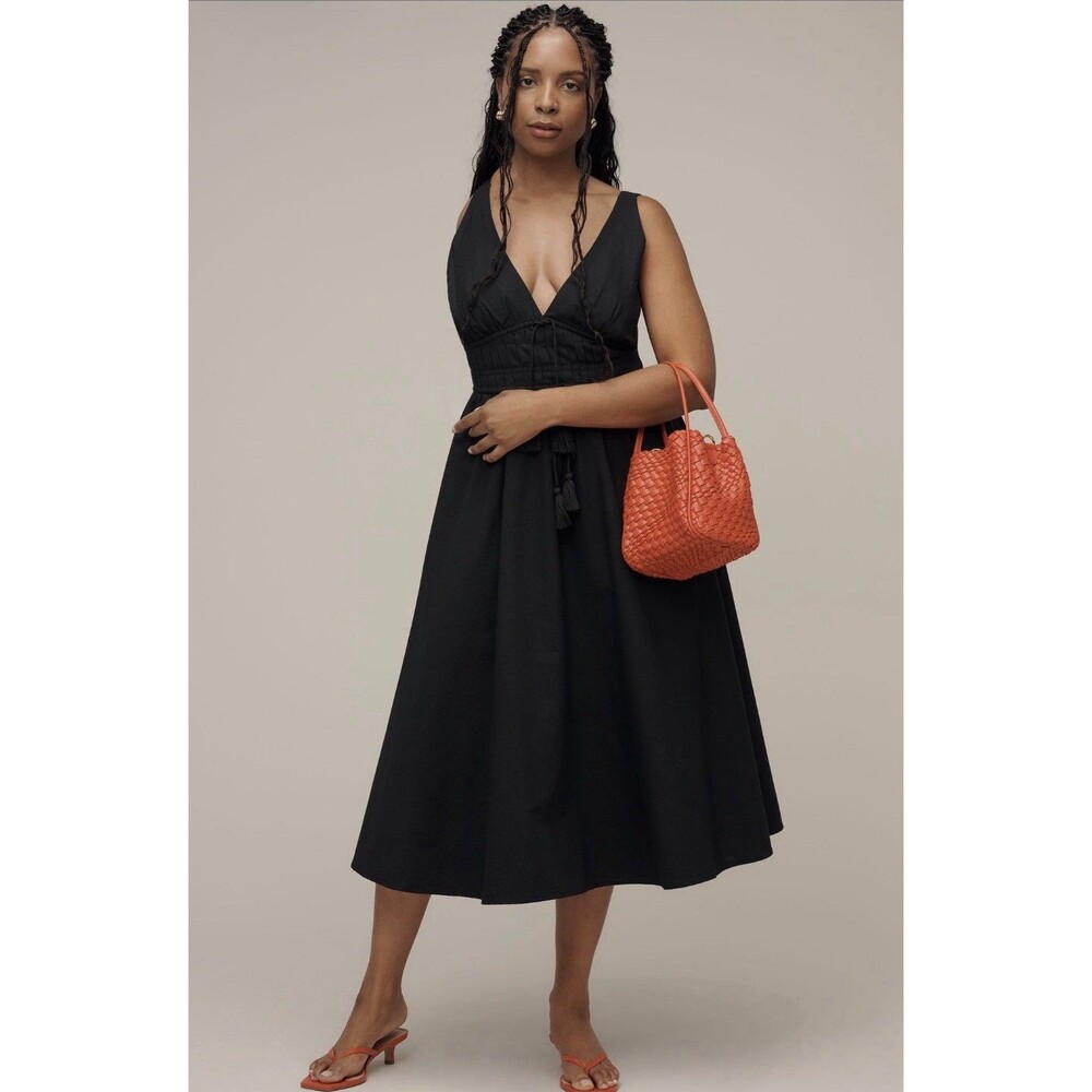 Anthropologie Maeve Midi Dress Black Cotton V Neck Vacay Preppy Retro Medium NWT